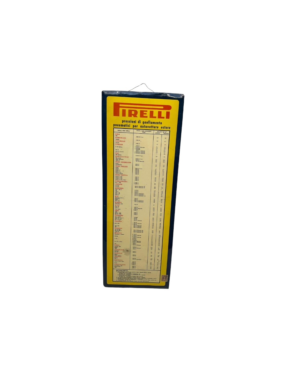 Tabella pubblicitaria Pirelli. Dimensioni: 54 cm x 21 cm
